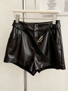 INAWLY Women's PU Leather Pocket Fashion Versatile Casual Shorts - Brown - View 3