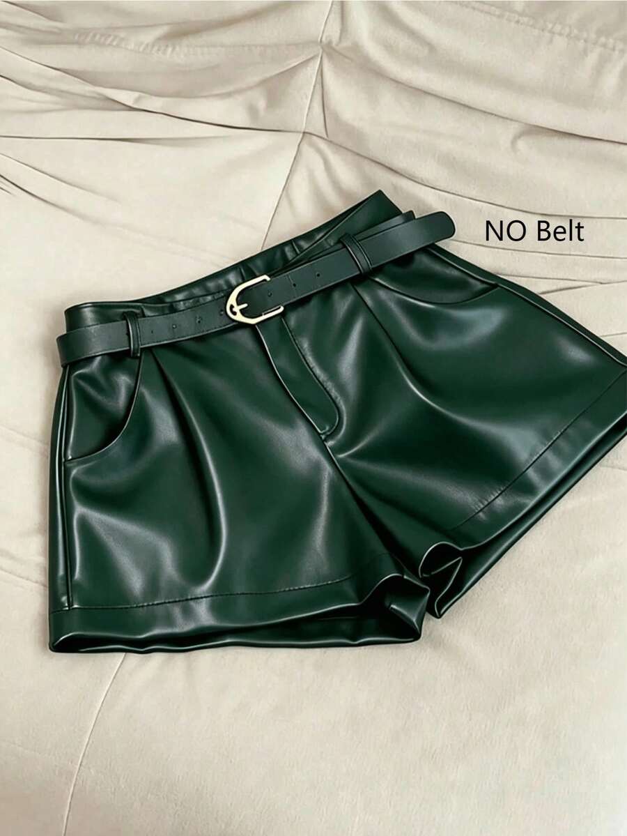 INAWLY Women's Fashion Commuter Shorts With Belt - Dark Green - View 1