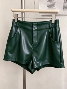 INAWLY Women's Fashion Commuter Shorts With Belt - Dark Green - View 5