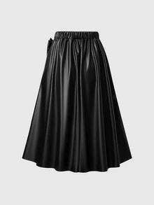 Teen Girl Elegant Retro Large Hem PU Leather Skirt - Black - View 2