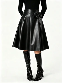 Teen Girl Elegant Retro Large Hem PU Leather Skirt - Black - View 3