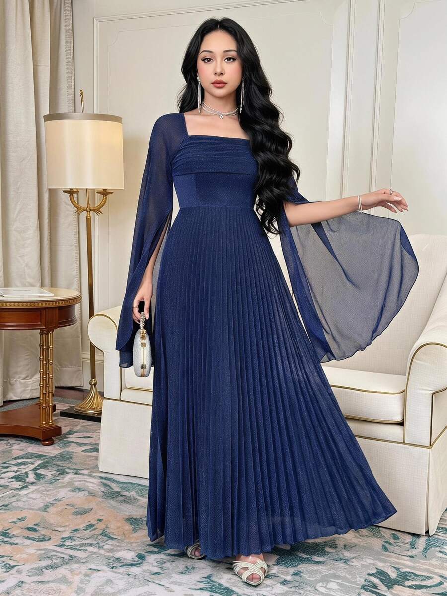 Feyla Women's Square Neck Split Sleeve Glitter Pleated Hem Elegant Dress - Royal Blue - View 1