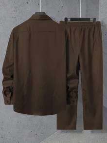 Manfinity Homme 男士純色長袖單排扣襯衫與長褲休閒兩件套，秋季男士海軍藍套裝，正式 - 咖啡棕 - 查看 2