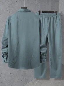 Manfinity Homme 男士純色長袖單排扣襯衫與長褲休閒兩件套，秋季男士海軍藍套裝，正式 - 霧霾藍 - 查看 2