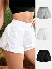 SHEIN Cheerettes 女款 3 件組運動寬鬆低腰短褲，黑白綠色，內建內襯、口袋、網布拼接，包容性剪裁，彈性收腹，健身秋季款 - 彩色 - 查看 2
