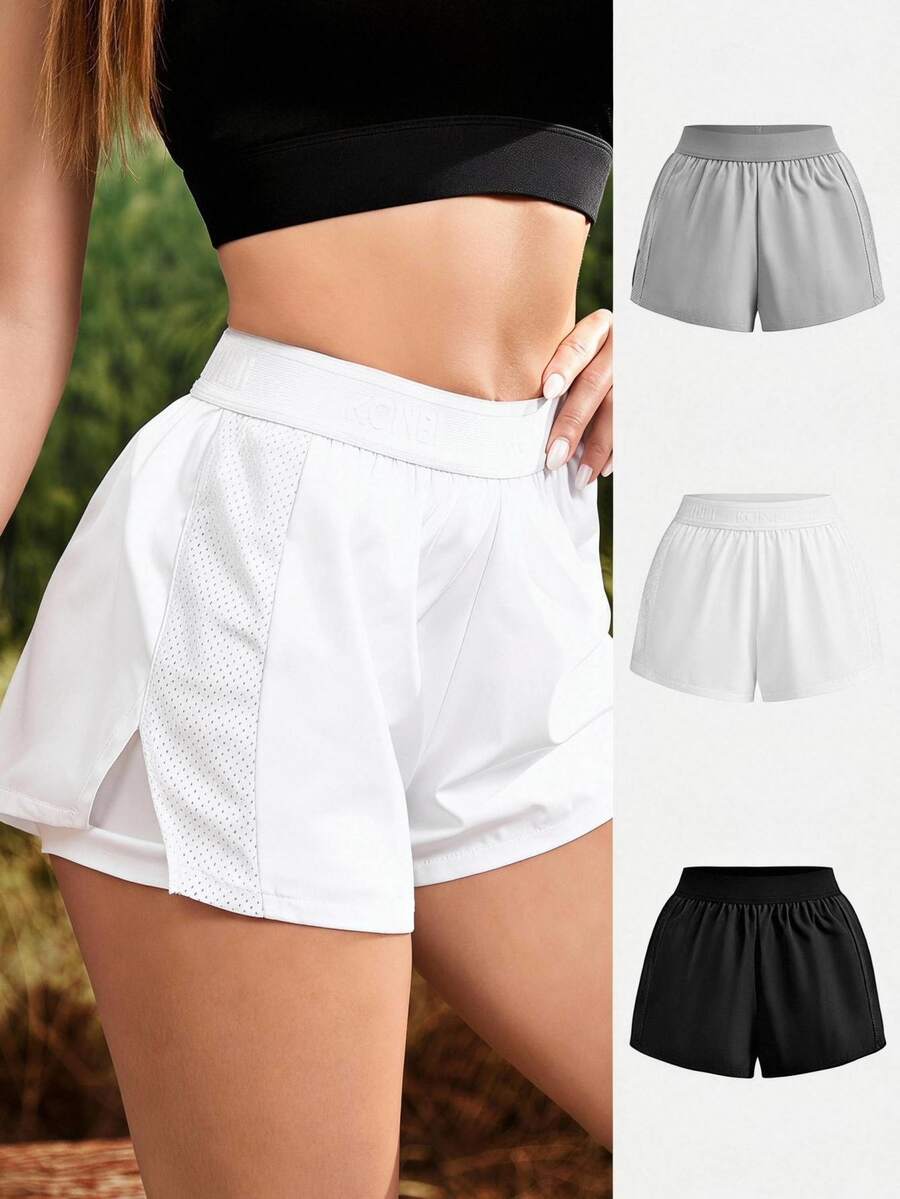 SHEIN Cheerettes 女款 3 件組運動寬鬆低腰短褲，黑白綠色，內建內襯、口袋、網布拼接，包容性剪裁，彈性收腹，健身秋季款