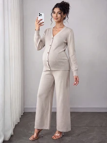 Momance Maternity Sweater Set, Loose Fit V-Neck Top With Metal Button Decor & Adjustable Waist Pants, Casual Everyday Versatile Solid Color 2 Pieces Set - Khaki - View 4