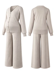 Momance Maternity Sweater Set, Loose Fit V-Neck Top With Metal Button Decor & Adjustable Waist Pants, Casual Everyday Versatile Solid Color 2 Pieces Set - Khaki - View 7