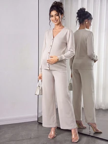 Momance Maternity Sweater Set, Loose Fit V-Neck Top With Metal Button Decor & Adjustable Waist Pants, Casual Everyday Versatile Solid Color 2 Pieces Set - Khaki - View 2
