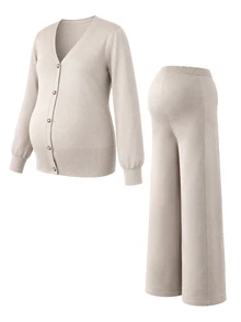 Momance Maternity Sweater Set, Loose Fit V-Neck Top With Metal Button Decor & Adjustable Waist Pants, Casual Everyday Versatile Solid Color 2 Pieces Set - Khaki - View 8