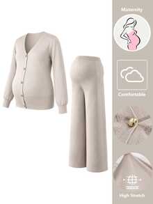 Momance Maternity Sweater Set, Loose Fit V-Neck Top With Metal Button Decor & Adjustable Waist Pants, Casual Everyday Versatile Solid Color 2 Pieces Set - Khaki - View 5