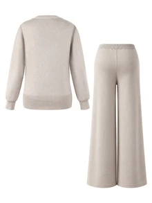 Momance Maternity Sweater Set, Loose Fit V-Neck Top With Metal Button Decor & Adjustable Waist Pants, Casual Everyday Versatile Solid Color 2 Pieces Set - Khaki - View 6