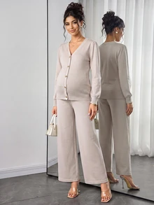 Momance Maternity Sweater Set, Loose Fit V-Neck Top With Metal Button Decor & Adjustable Waist Pants, Casual Everyday Versatile Solid Color 2 Pieces Set - Khaki - View 3