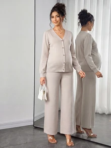 Momance Maternity Sweater Set, Loose Fit V-Neck Top With Metal Button Decor & Adjustable Waist Pants, Casual Everyday Versatile Solid Color 2 Pieces Set - Khaki - View 1