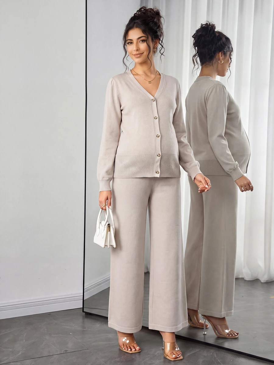 Momance Maternity Sweater Set, Loose Fit V-Neck Top With Metal Button Decor & Adjustable Waist Pants, Casual Everyday Versatile Solid Color 2 Pieces Set - Khaki - View 1