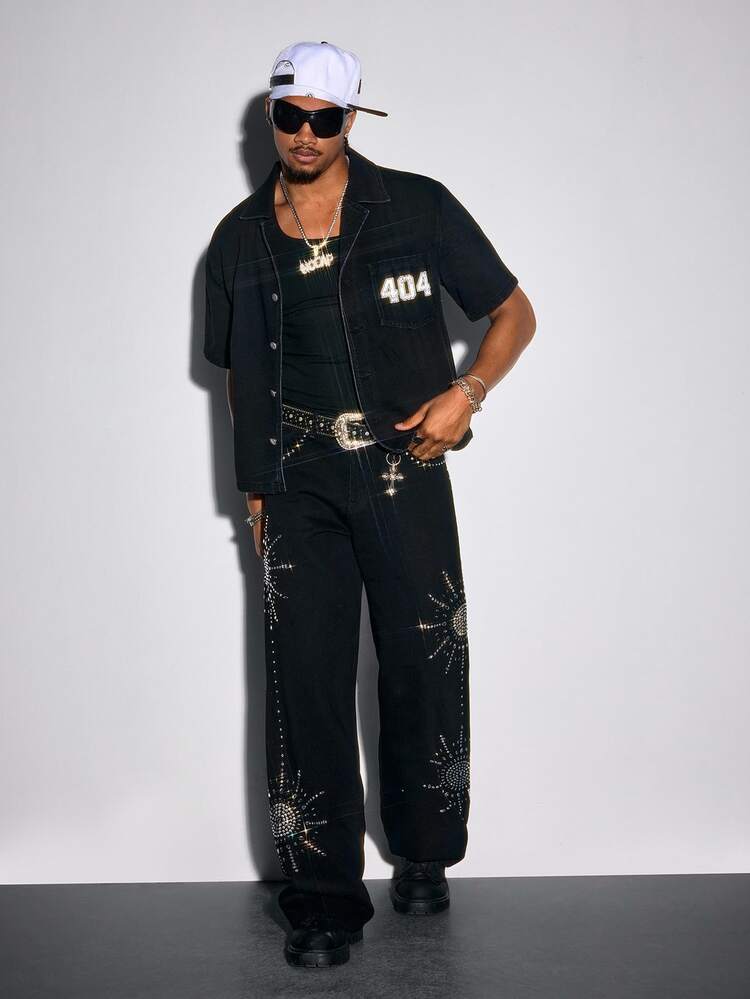 ROMWE MEN Street Life Men's Summer Fashion Rhinestone Decorated Denim Shirt - Black - View 6