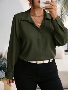 Vionelle 大尺碼女款純色長袖單排扣休閒基本款襯衫 辦公正式風 軍綠色 秋季 - 墨綠色 - 查看 6