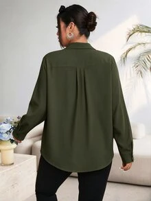 Vionelle 大尺碼女款純色長袖單排扣休閒基本款襯衫 辦公正式風 軍綠色 秋季 - 墨綠色 - 查看 2