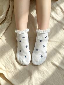 CottageSlumber Women's Cute Bowknot Floral Pattern Short Socks - Blue - View 2