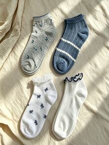 CottageSlumber Women's Cute Bowknot Floral Pattern Short Socks - Blue - View 6