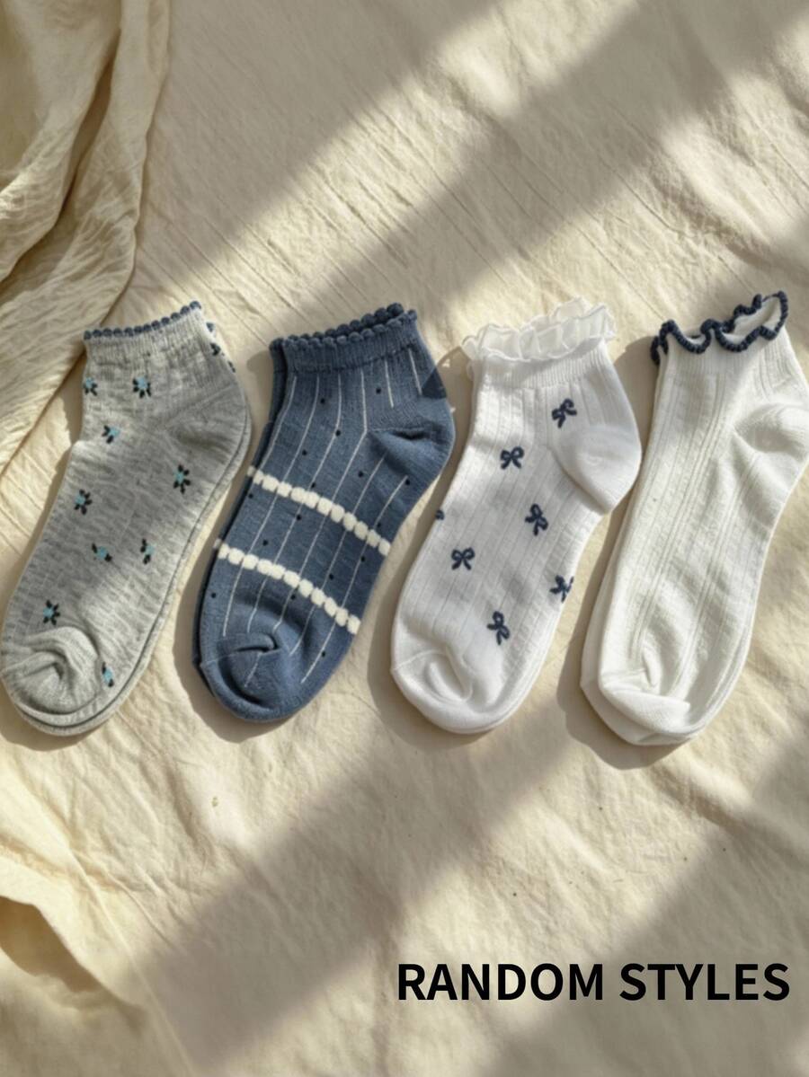 CottageSlumber Women's Cute Bowknot Floral Pattern Short Socks - Blue - View 1
