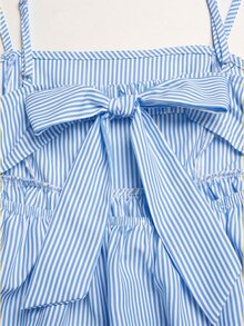 SHEIN Teen Girl/Teen Girls Summer Casual Vacation Blue Striped Bow Decor Camisole And Loose Shorts Set - Blue - View 2