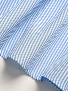 SHEIN Teen Girl/Teen Girls Summer Casual Vacation Blue Striped Bow Decor Camisole And Loose Shorts Set - Blue - View 5