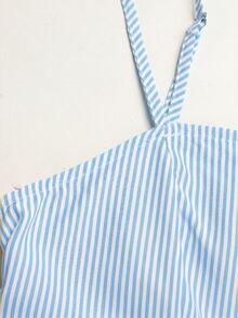 SHEIN Teen Girl/Teen Girls Summer Casual Vacation Blue Striped Bow Decor Camisole And Loose Shorts Set - Blue - View 6
