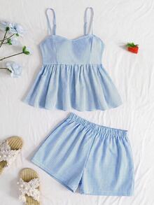 SHEIN Teen Girl/Teen Girls Summer Casual Vacation Blue Striped Bow Decor Camisole And Loose Shorts Set - Blue - View 3