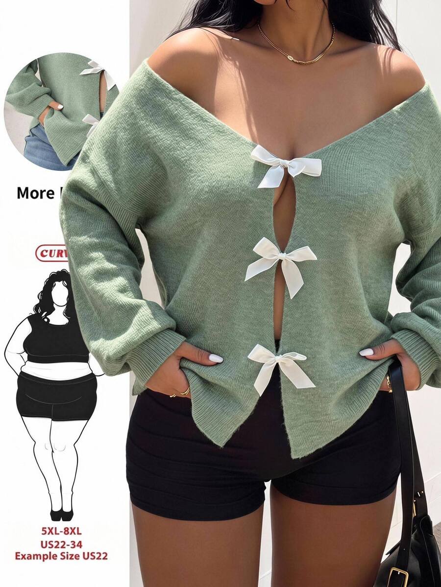 SHEIN CURVE+ 大尺碼女款後背蝴蝶結秋冬時尚舒適百搭針織衫 - 綠色 - 查看 1