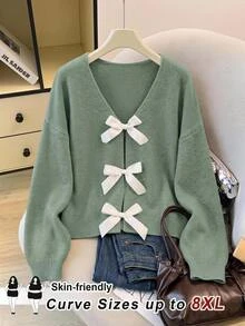 SHEIN CURVE+ Plus Size Women's Back Bow Autumn/Winter Fashion Comfortable Versatile Sweater - Green - View 7