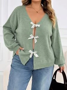 SHEIN CURVE+ Plus Size Women's Back Bow Autumn/Winter Fashion Comfortable Versatile Sweater - Green - View 10