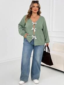 SHEIN CURVE+ Plus Size Women's Back Bow Autumn/Winter Fashion Comfortable Versatile Sweater - Green - View 8