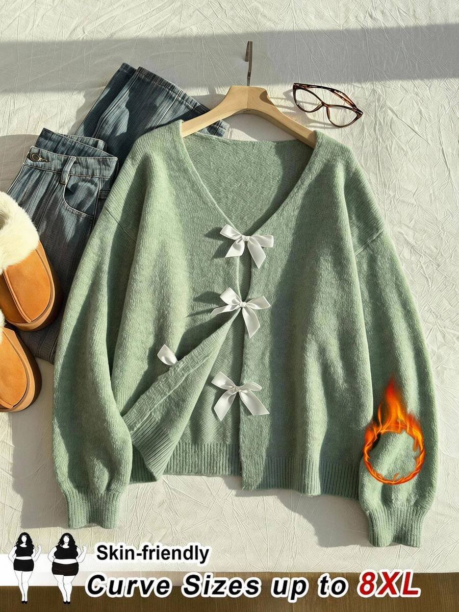 SHEIN CURVE+ Plus Size Women's Back Bow Autumn/Winter Fashion Comfortable Versatile Sweater - Green - View 1