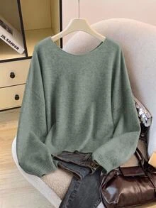 SHEIN CURVE+ Plus Size Women's Back Bow Autumn/Winter Fashion Comfortable Versatile Sweater - Green - View 9