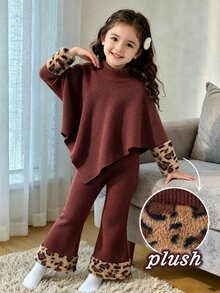 SHEIN Young Girl Leopard Print Patchwork Long Sleeve T-Shirt And Pants Casual Daily Outfit - Brown - View 4