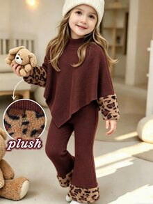 SHEIN Young Girl Leopard Print Patchwork Long Sleeve T-Shirt And Pants Casual Daily Outfit - Brown - View 3
