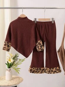 SHEIN Young Girl Leopard Print Patchwork Long Sleeve T-Shirt And Pants Casual Daily Outfit - Brown - View 2