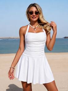 Swim Lushoire Basic White Ruched Spaghetti Strap Bikini Top High-Waisted Boyshort, Wire-Free For Women For Summer Beach Vacation European - White - View 3