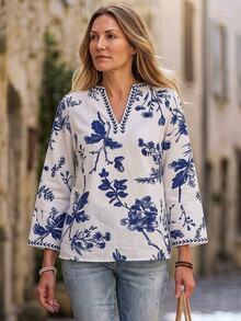Hansera Middle-Aged Women's Floral Print V-Neck Casual Everyday Shirt - Blue and White - View 2