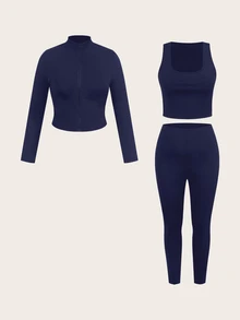Muchica Plus Size Black Sleeveless Jacket, Elastic Lightweight Yoga Sports 3 Pieces Set Fall - Navy Blue - View 6