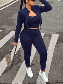 Muchica Plus Size Black Sleeveless Jacket, Elastic Lightweight Yoga Sports 3 Pieces Set Fall - Navy Blue - View 8