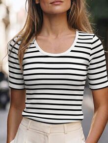 SHEIN Women's Striped Contrast Color Round Neck T-Shirt, Fashionable & Versatile - White - View 6