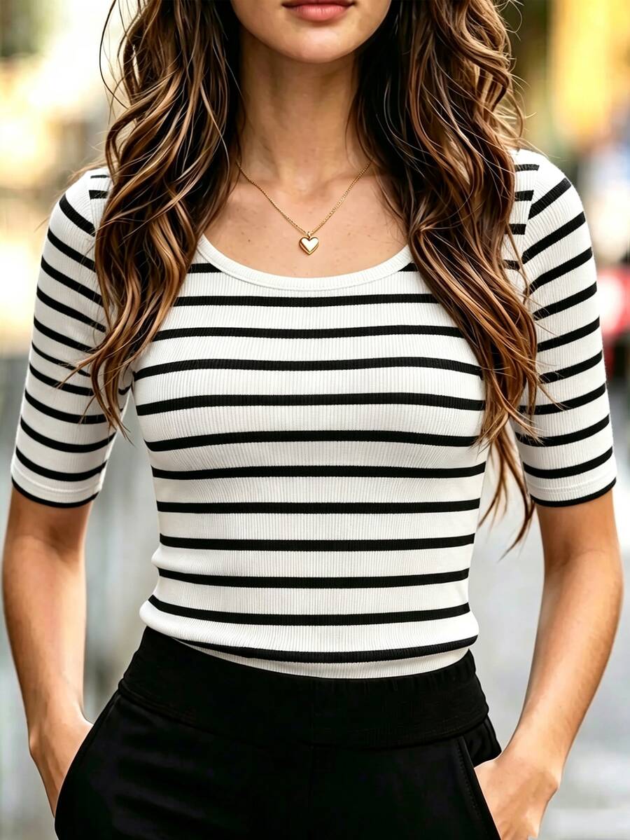 SHEIN Women's Striped Contrast Color Round Neck T-Shirt, Fashionable & Versatile - White - View 1