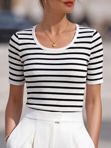SHEIN Women's Striped Contrast Color Round Neck T-Shirt, Fashionable & Versatile - White - View 3