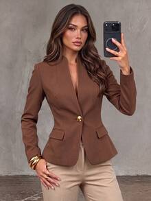 Vavine Elegant Casual Metal Decor Brown Blazer Jacket For Women Fall Office Business - Brown - View 1