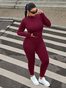 Muchica Plus Size Black Sleeveless Jacket, Elastic Lightweight Yoga Sports 3 Pieces Set Fall - Burgundy - View 7