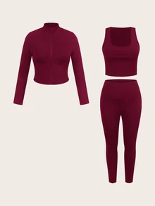 Muchica Plus Size Black Sleeveless Jacket, Elastic Lightweight Yoga Sports 3 Pieces Set Fall - Burgundy - View 4