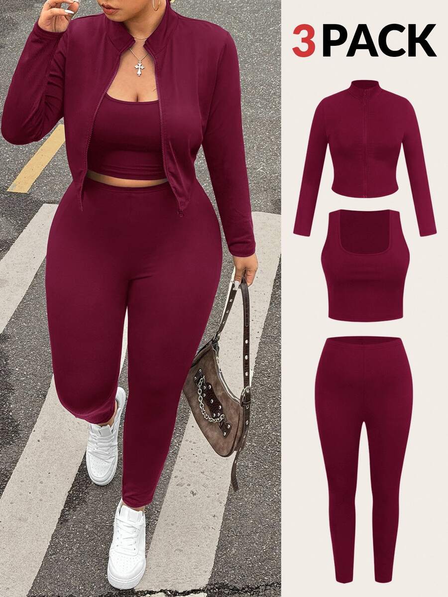 Muchica Plus Size Black Sleeveless Jacket, Elastic Lightweight Yoga Sports 3 Pieces Set Fall - Burgundy - View 1