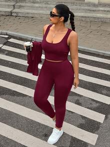 Muchica Plus Size Black Sleeveless Jacket, Elastic Lightweight Yoga Sports 3 Pieces Set Fall - Burgundy - View 3